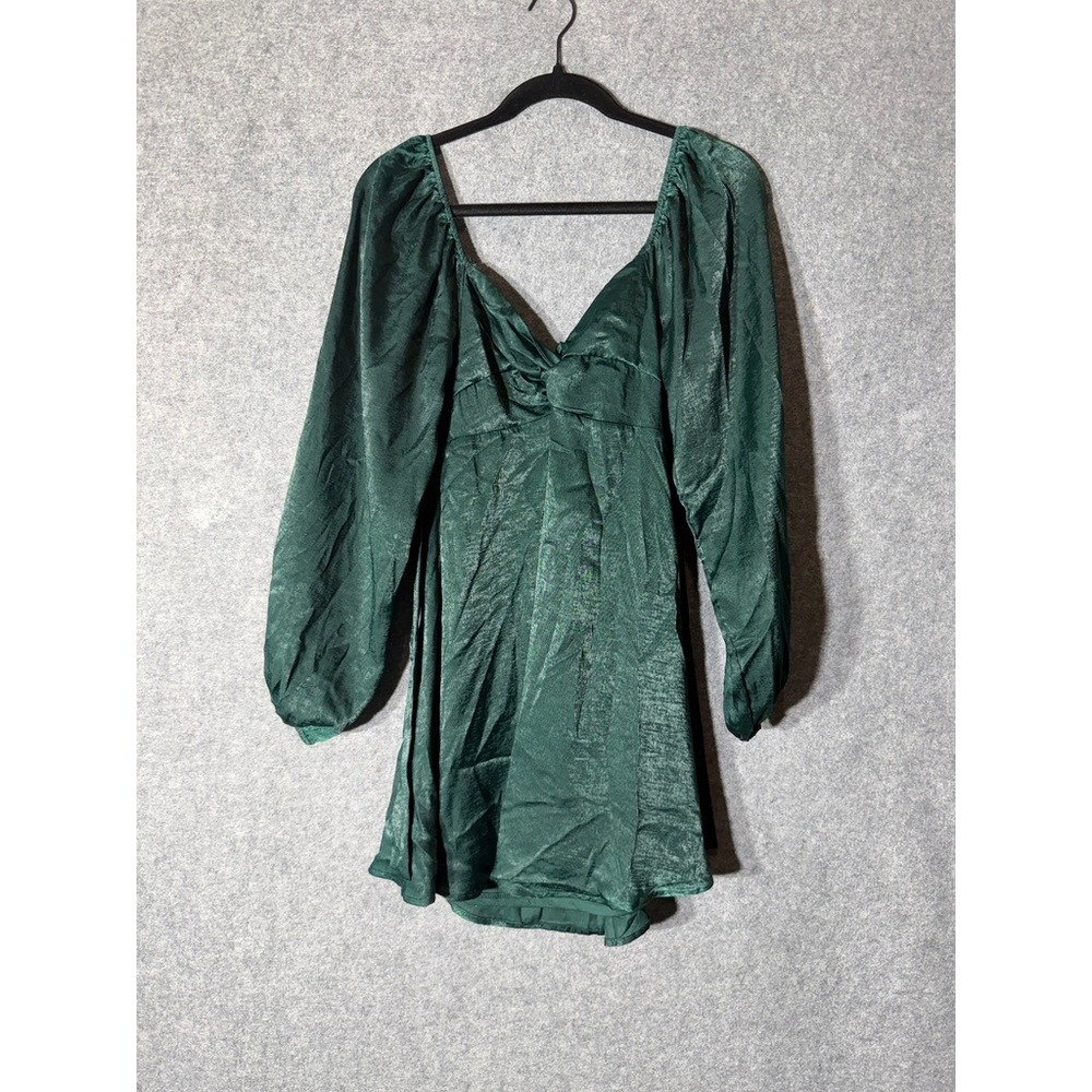 Altard State Womens S Green Satin Open Back Mini Dress Balloon Sleeve Holiday
